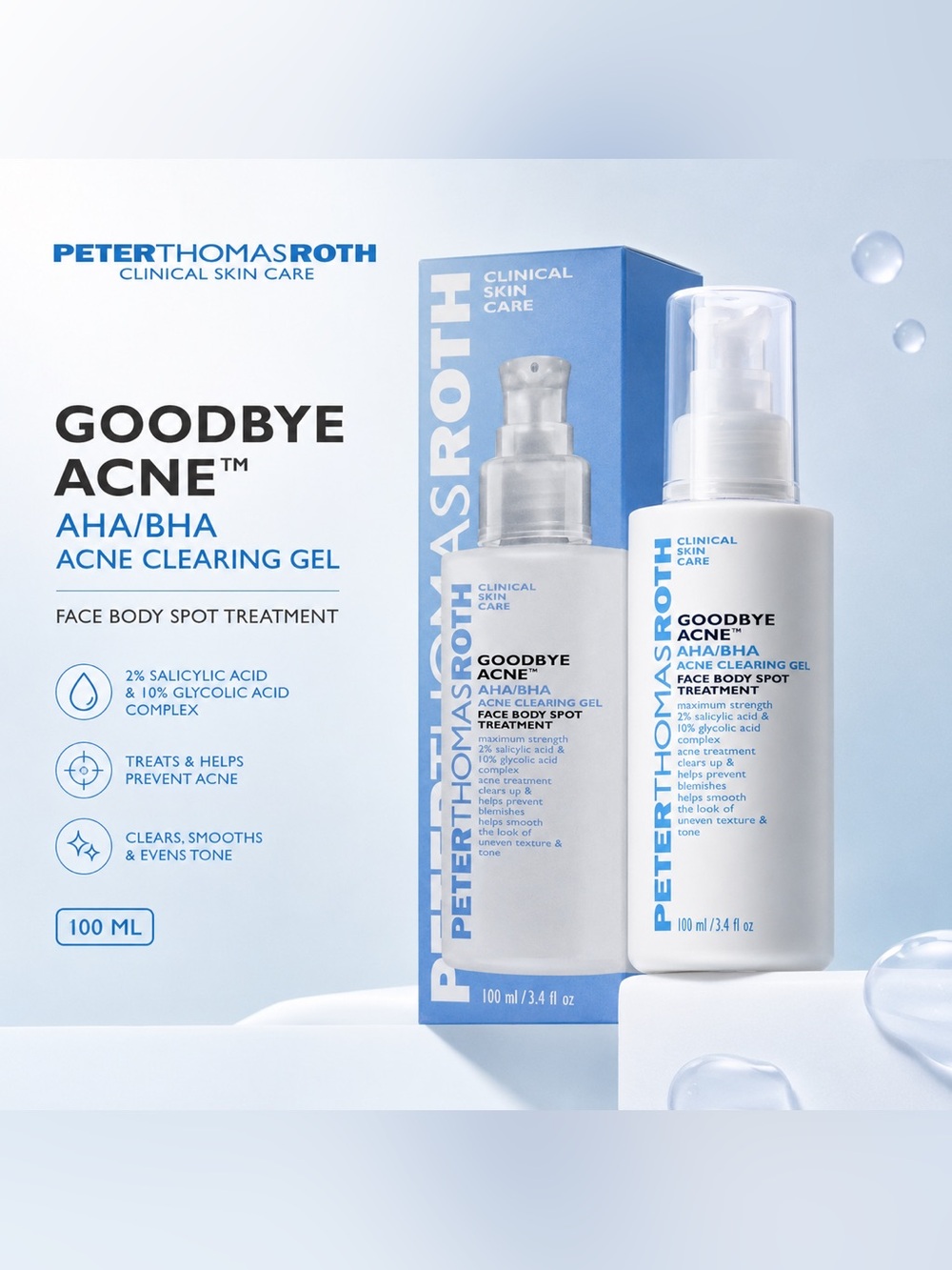 ⭐️Peter Thomas Roth Goodbye Acne™ AHA/BHA Acne Clearing Gel 100 mL • New🆕 in Box